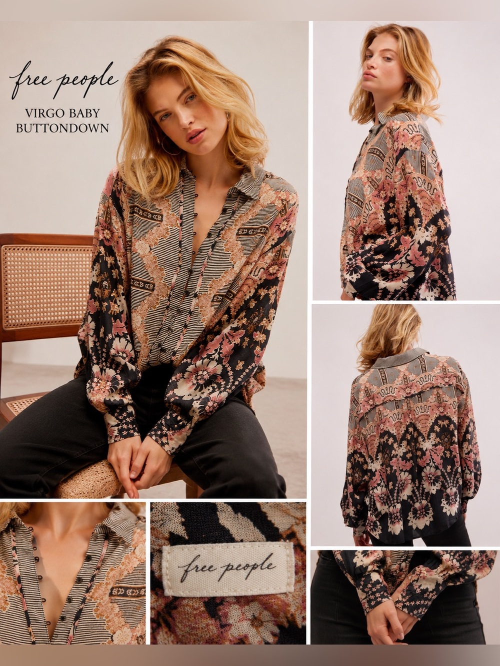 Free People Virgo Baby Buttondown Long Sleeve Boho Large Floral Patchwork Top C5 - Picture 4 of 11